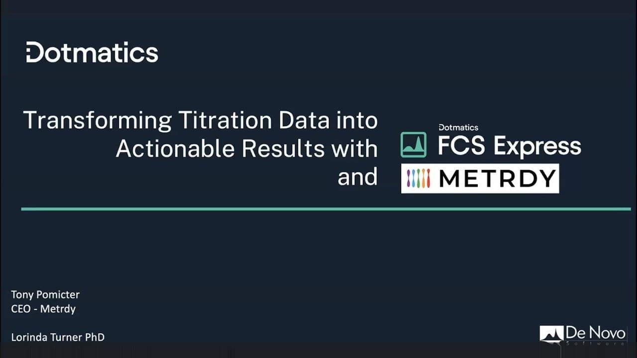 The webinar's title slide: Dotmatics, Transforming Titration Data into Actionable Results with FCS Express and Metrdy, the FCS Express, Metrdy and De Novo Software logos, and the presenters, Tony Pomicter, CEO of Metrdy, and Lorinda Turner PhD