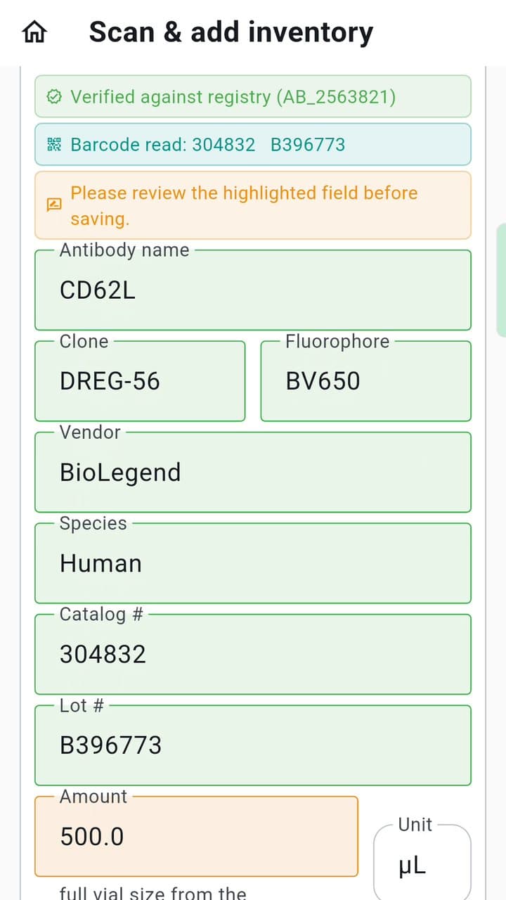 The Metrdy app's Scan & add inventory form, filled in from a BioLegend CD62L vial label